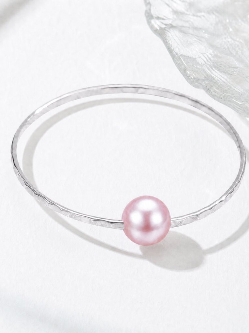 Pink Pearl Silver Hammered Wire Bangle Bracelet